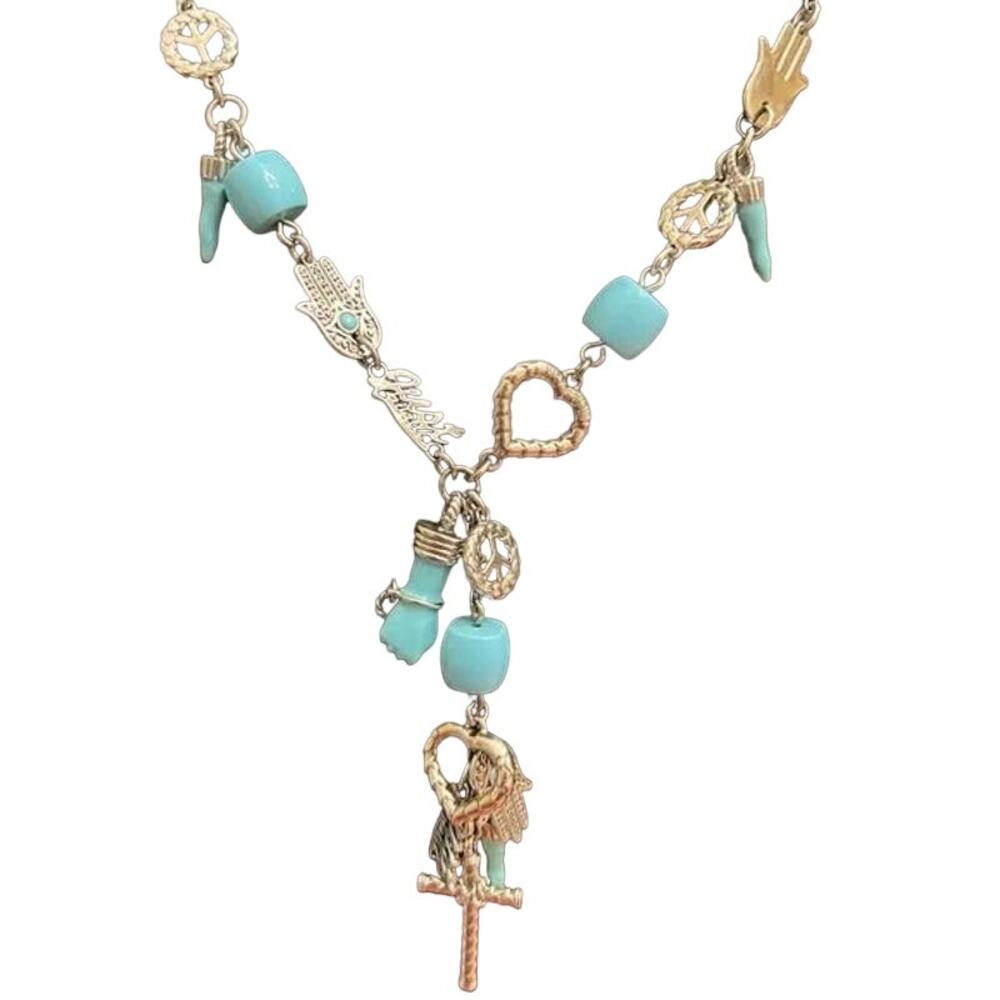 Just Cavalli Necklace Aluminum Turquoise Tiffany Blue Hamsa Fico Cross 18"